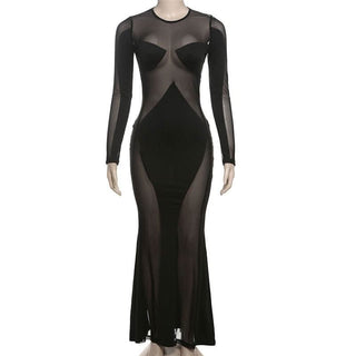 Long sleeve crewneck mesh patchwork maxi dress