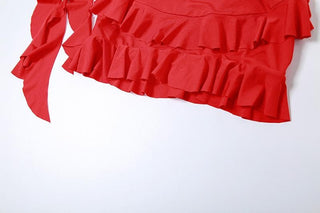 Crewneck ruffle solid self tie mini skirt set