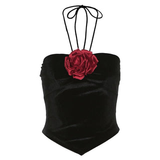 Halter velvet flower applique backless top
