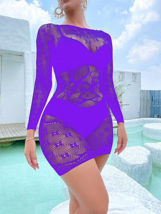 Long sleeve crewneck fishnet pattern mini dress