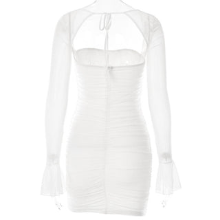 Mesh flared sleeve solid ruched zip-up lace up mini dress