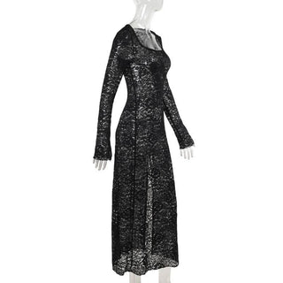 Long sleeve u neck lace slit maxi dress