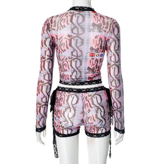 Long sleeve lace hem abstract print self tie short pant set