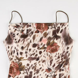 Cowl neck print backless cami midi dress