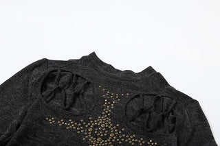 High neck long sleeve beaded cross pattern hollow out cut out top