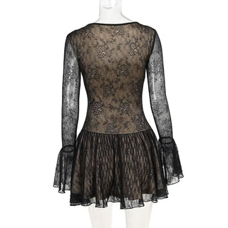 V neck long sleeve lace bowknot mini dress