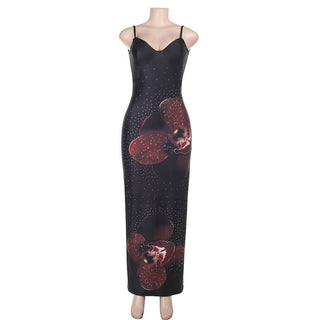 V neck flower print beaded slit cami maxi dress