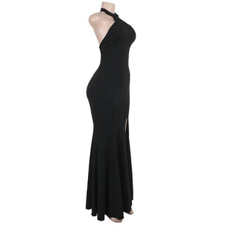 Halter backless high slit solid maxi dress-final-sale