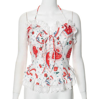 Halter lace hem print ruffle button top