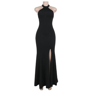 Halter backless high slit solid maxi dress-final-sale