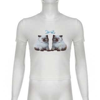 Short sleeve crewneck cats print top