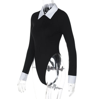 Turnover collar long sleeve zip-up button bodysuit