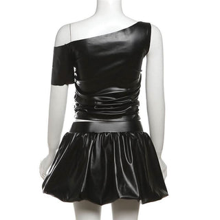 Irregular one shoulder PU leather ruched mini skirt set