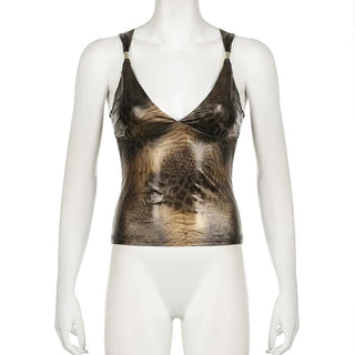 Leopard print v neck metallic cross back cami top