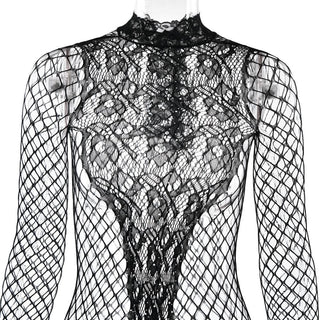 Crewneck long sleeve fishnet see through romper