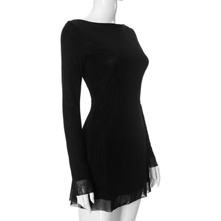 Long sleeve round neck self tie backless mini dress