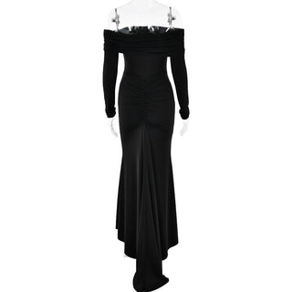 Off shoulder long sleeve ruched self tie maxi dress