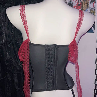 Lace hem beaded flower applique button mesh top