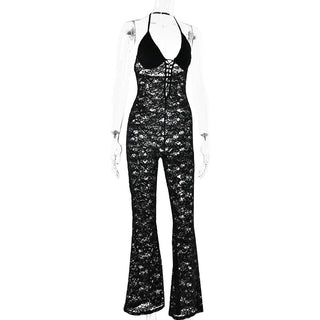 Halter lace lace up see through jumpsuit