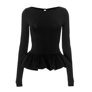 Ruched long sleeve round neck hollow out ruffle cut out top