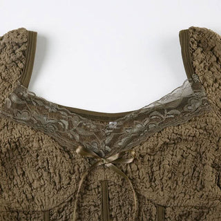 Long sleeve textured bowknot lace hem top