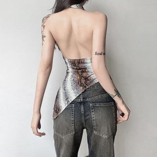 Snakeskin print halter ruched top