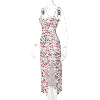 Flower pattern print lace up slit low cut cami midi dress