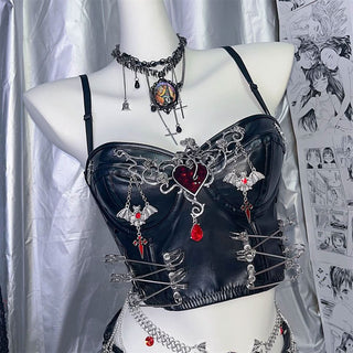 PU leather heart applique v neck backless cami top