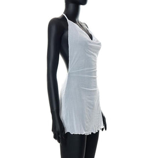 Halter cowl neck sheer mesh ruffle mini dress