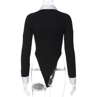 Turnover collar long sleeve zip-up button bodysuit