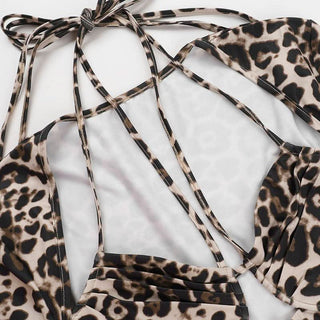 Leopard print halter long sleeve hollow out cut out top