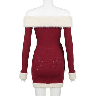 Off shoulder long sleeve beaded fluffy belt mini dress