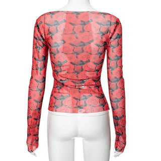 Long sleeve round neck rose print sheer mesh top