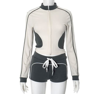 Zip-up Long sleeve drawstring low rise contrast pant set