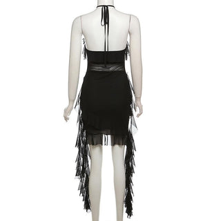 Halter sheer mesh ruffle backless mini dress