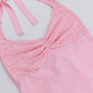 Halter self tie lace v neck ruched backless top