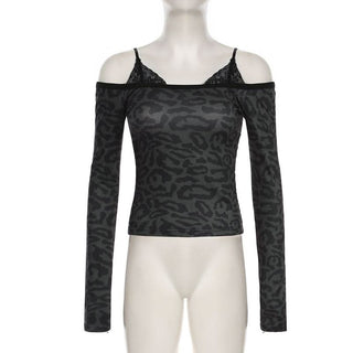 Leopard print long sleeve lace hem off shoulder top