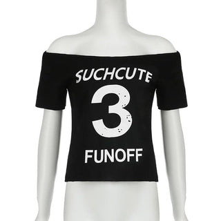 Short sleeve letter print off shoulder contrast top
