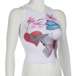 Round neck butterfly print ribbed tank top