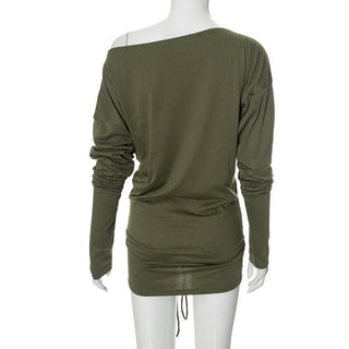 Ruched drawstring self tie long sleeve irregular mini dress