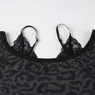 Leopard print long sleeve lace hem off shoulder top