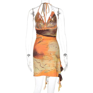 Halter print cowl neck o ring ruffle mini dress