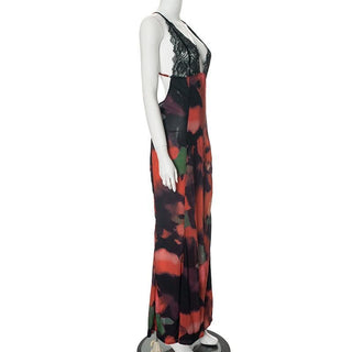 V neck lace hem backless print cami maxi dress