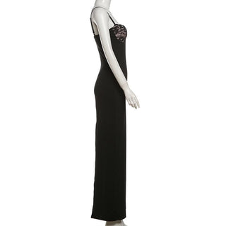 Sweetheart neck lace slit patchwork cami maxi dress