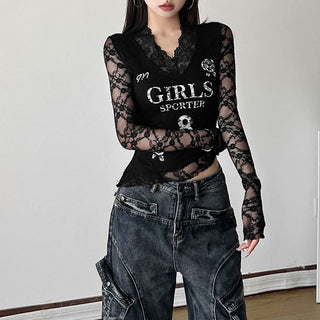 Long sleeve v neck lace print top