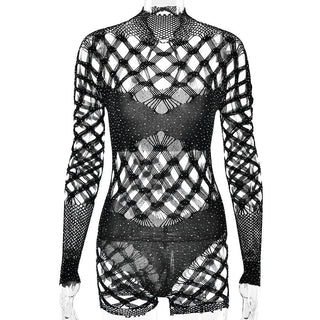 Long sleeve hollow beaded fishnet romper