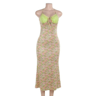 Sweetheart neck lace flower print knotted cami maxi dress