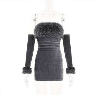 Fluffy gloves beaded tube mini dress