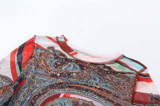 Long sleeve crewneck mesh abstract print top