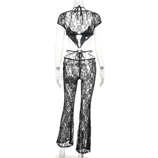 Short sleeve halter o ring lace hollow out jumpsuit